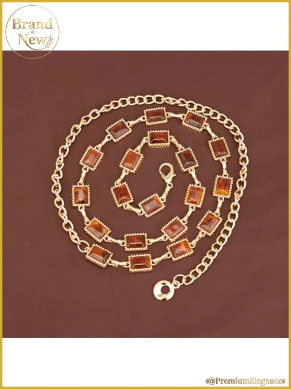 Western Concho Chain Belt Gold-Tone Alloy Amber Gemstone Inlay Adjustable